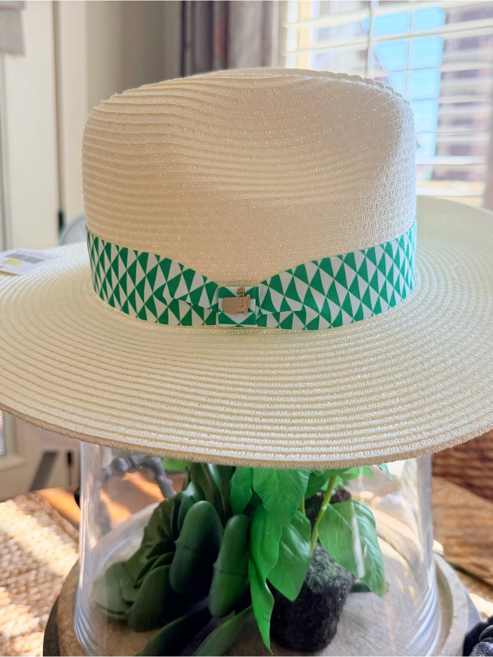 Masters Cream Straw Sun Hat with Green Geometric Band